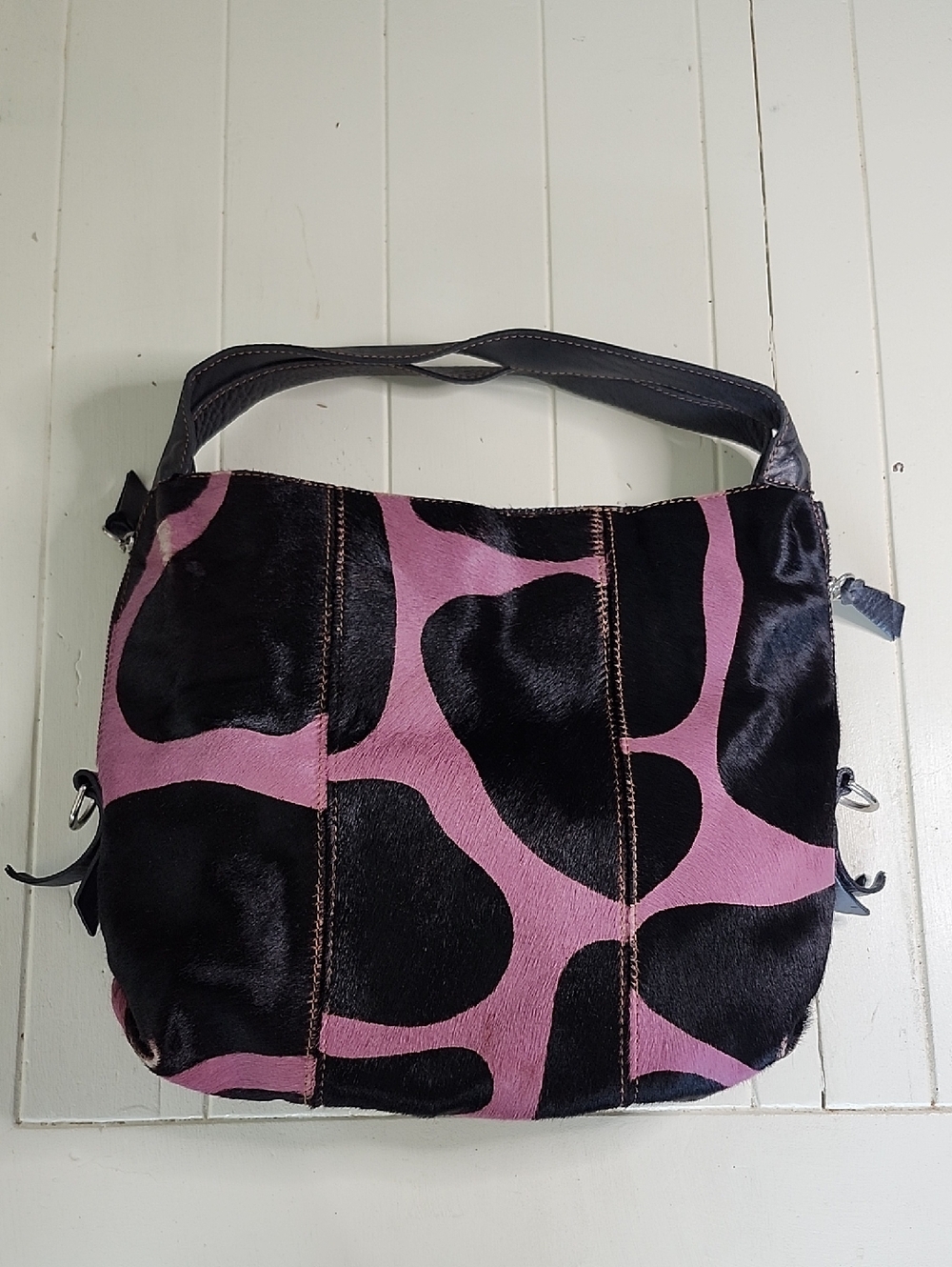 Sofia C Black Leather And Purple Cow Print Calf Hair Purse